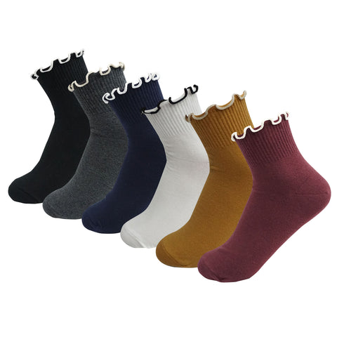 6Pairs Women's Cotton Ruffle Frilly Solid Anklet Socks