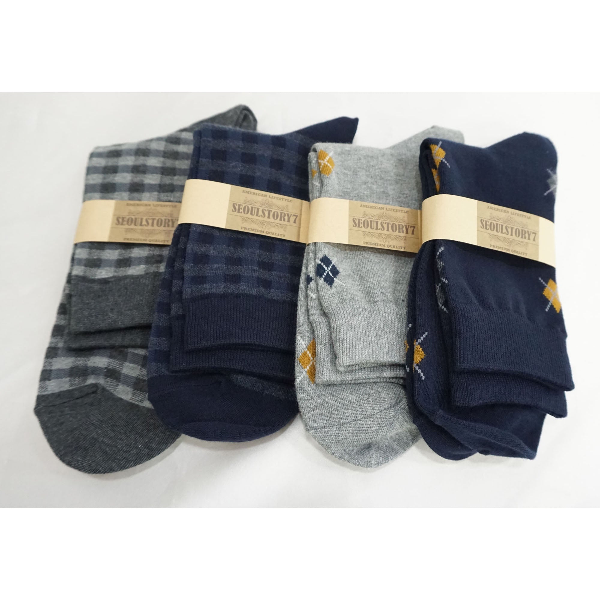 4Pack Men's Casual Cotton Patterned Socks Check and Small Argyle