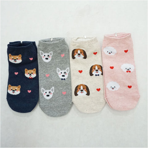 4Pairs Women's Cotton Cute Heart and Puppy Print Low Socks