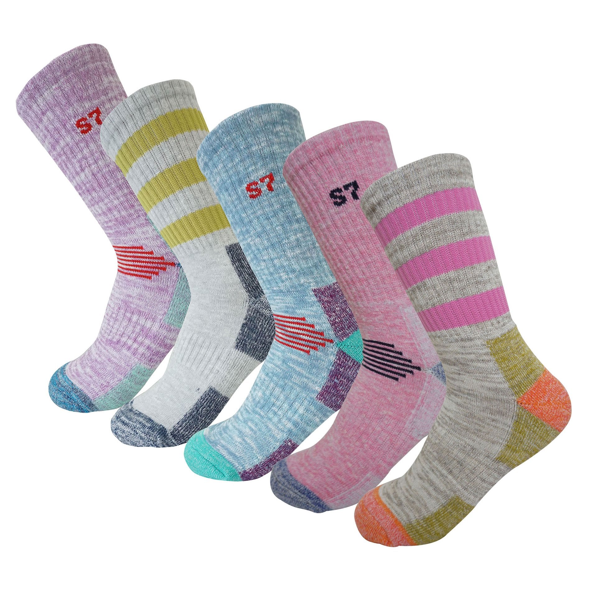 5Pack Women's Multi Performance Padded Hiking/Outdoor Crew Socks Stripe2P/Solid3P